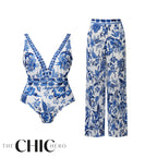 Chic Indigo Botanical Print One-Piece Swimsuit&Pants