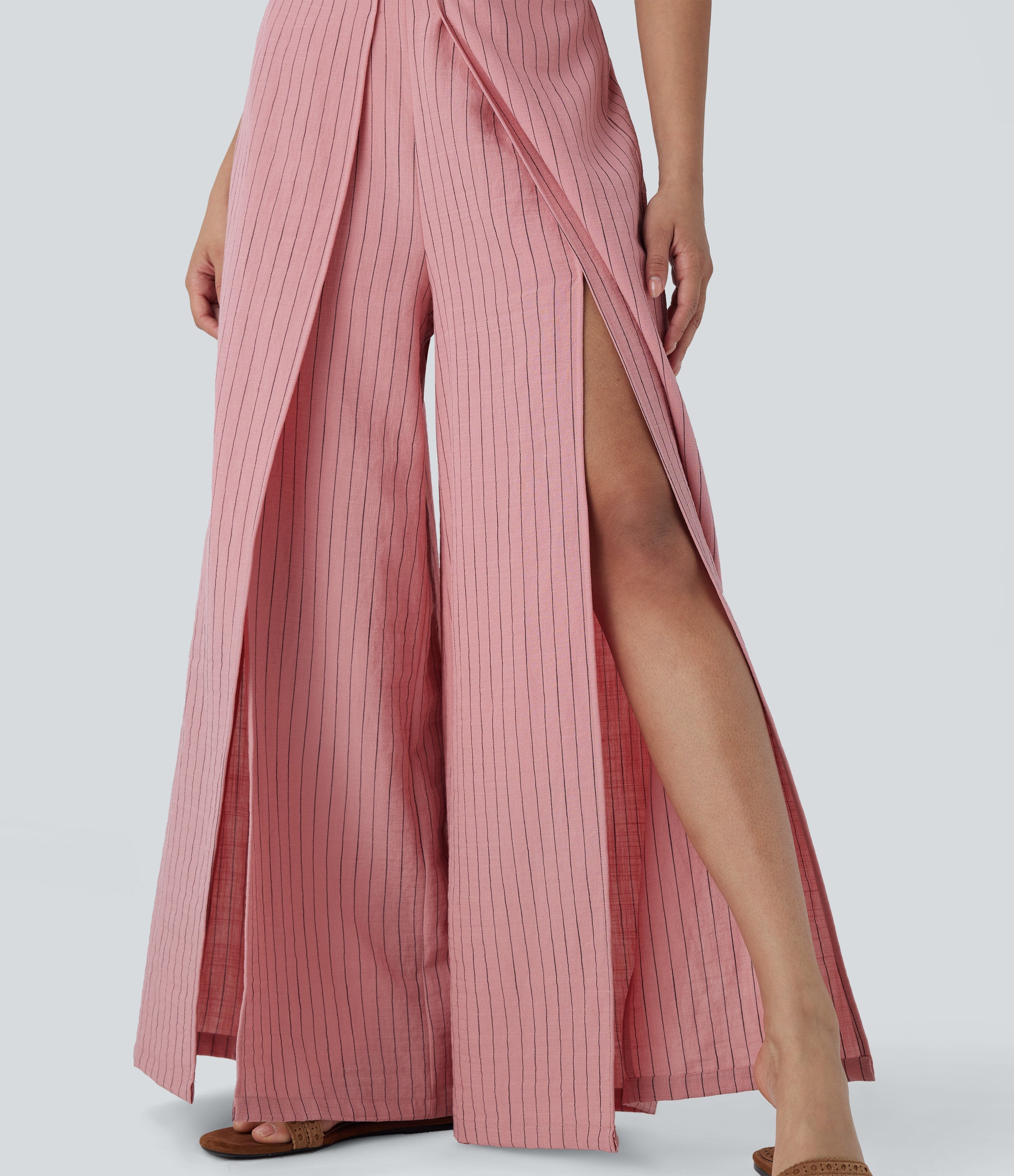 High Waisted Stripe Wide Leg Linen-Feel Pants with Pockets