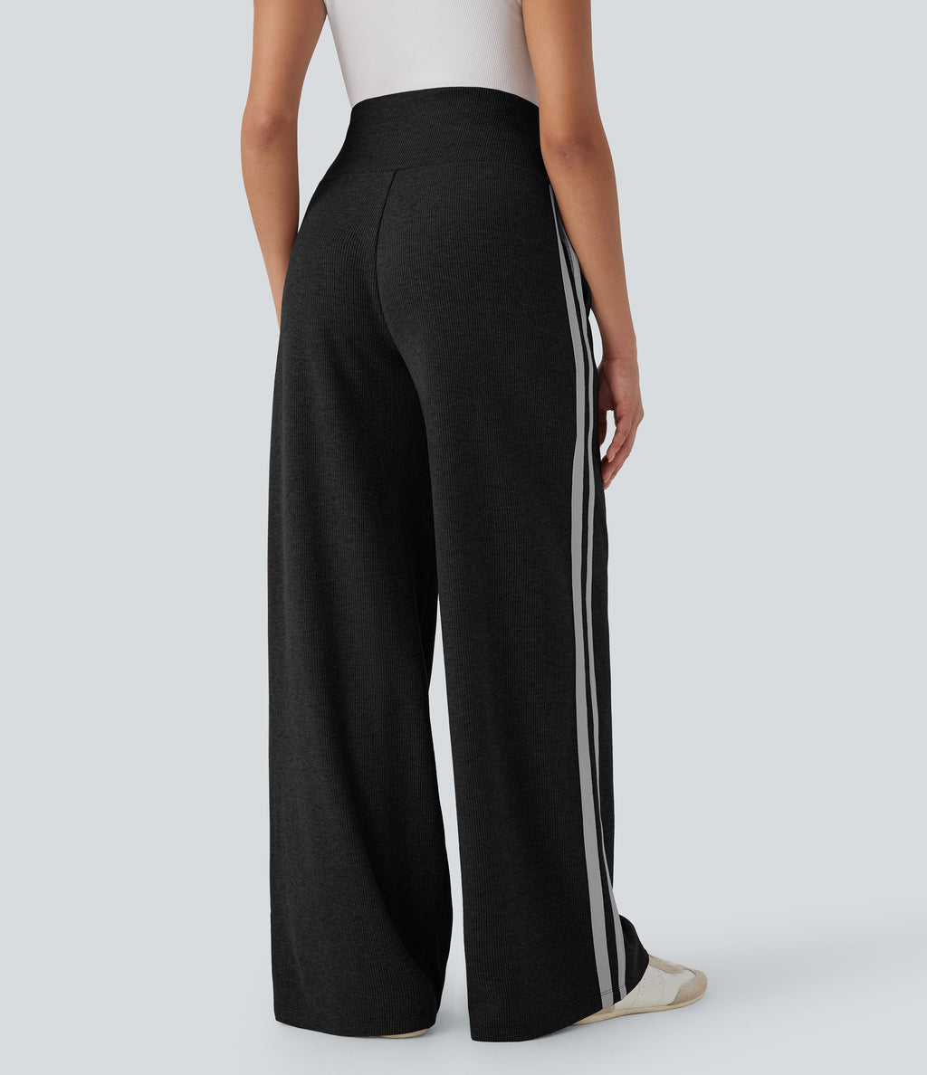 Ribbed SoCinched High Waisted Tummy Control Drawstring Wide Leg Color Block Casual Pants with Pockets