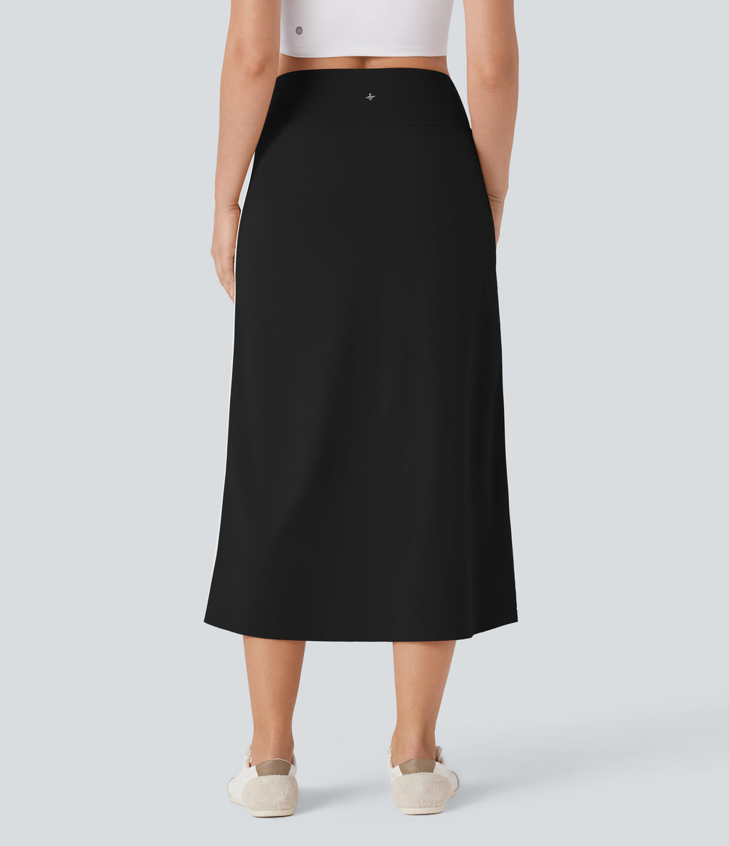 SoftlyZeroTM QuickDry SoCinched High Waisted Tummy Control 2-in-1 Color Block Midi Workout Skirt with Pockets