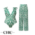 Green Boho Breeze Floral Tie-shoulder One Piece Swimsuit&Pants
