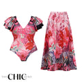 Pink Floral Patterned Ruffled Sleeves One-Piece Swimsuit&Skirt