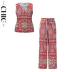 Vintage Red Pattern V-Neck Vest Top & Pleated Pants