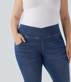 Plus Size FlexTM High Waisted Crossover Washed Casual Flare Jeans with Pockets