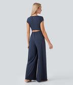 SoftlyZeroTM Airy Short Sleeve Wide Leg Cool Touch Yoga Jumpsuit with Pockets-Easy Peezy Edition