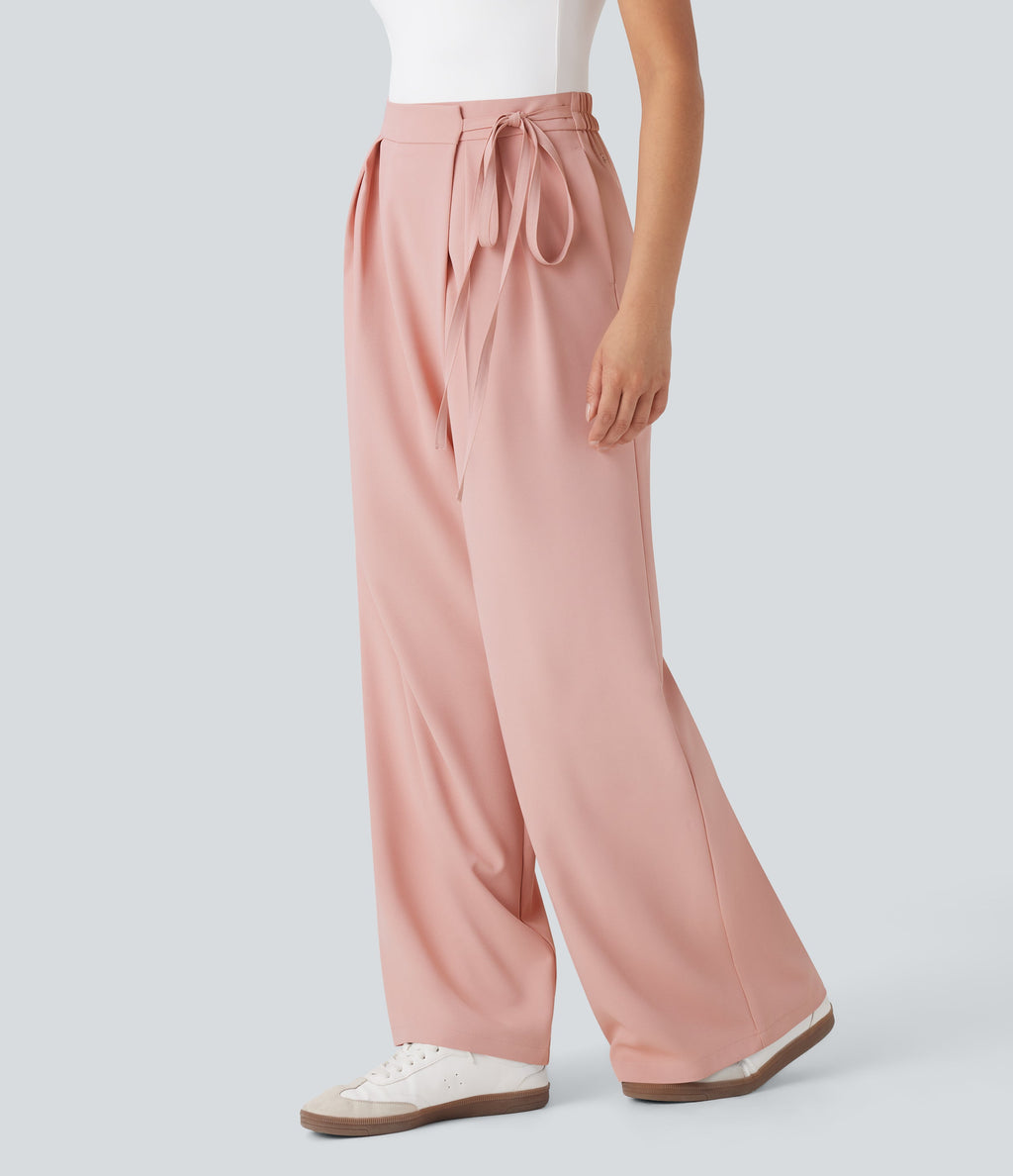 High Waisted Tie Side Wide Leg Work Pants with Pockets