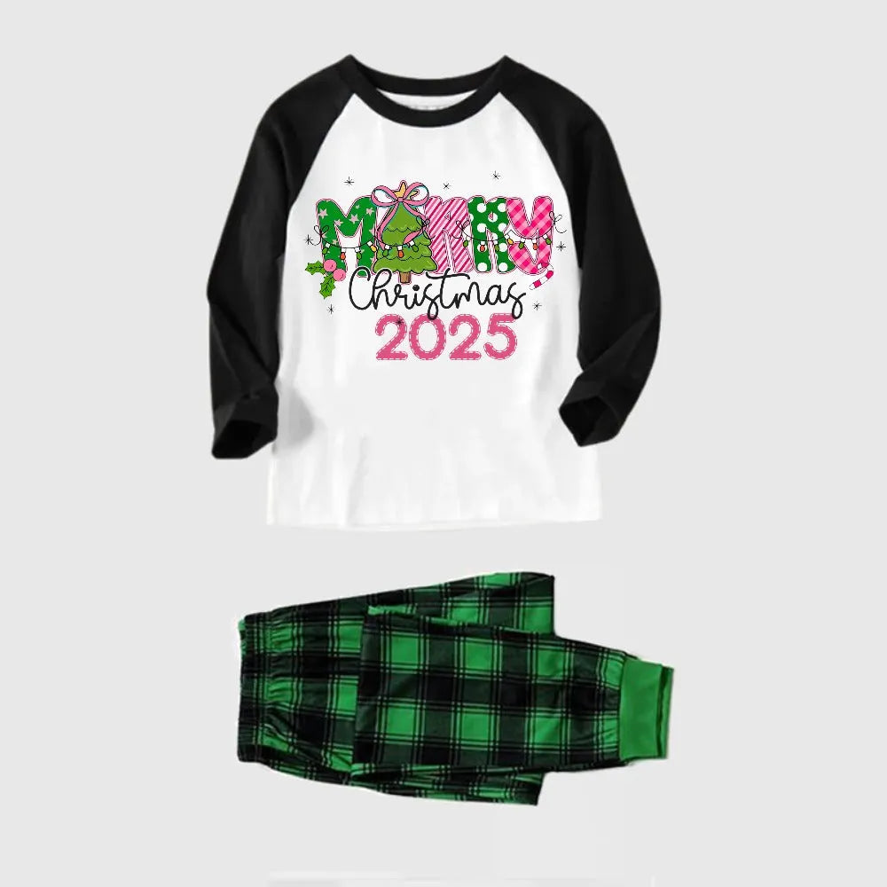 Black Raglan Top Green Plaid Christmas Pajamas Set With Merry Christmas 2025 Holiday Text