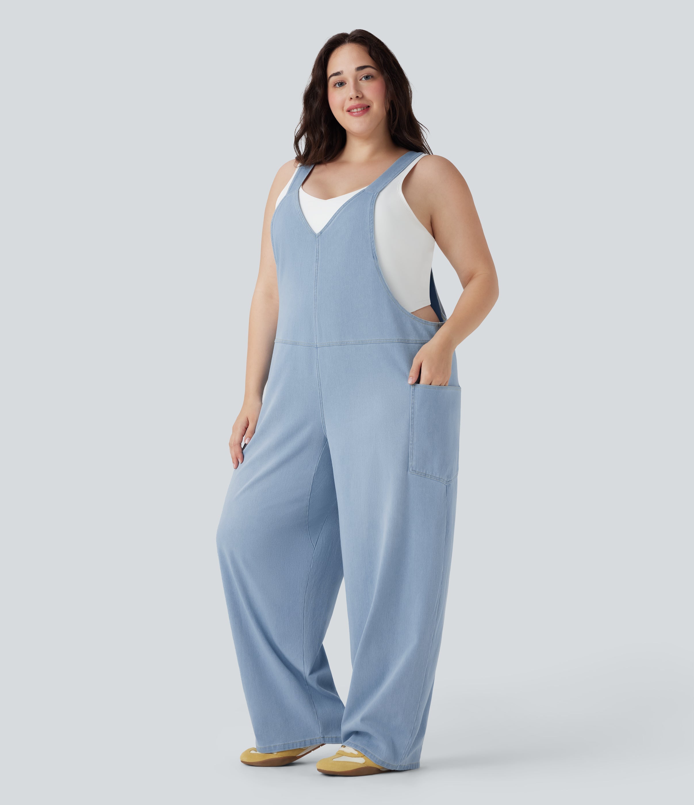 FlexTM V Neck Washed Denim Casual Plus Size Overalls with Pockets