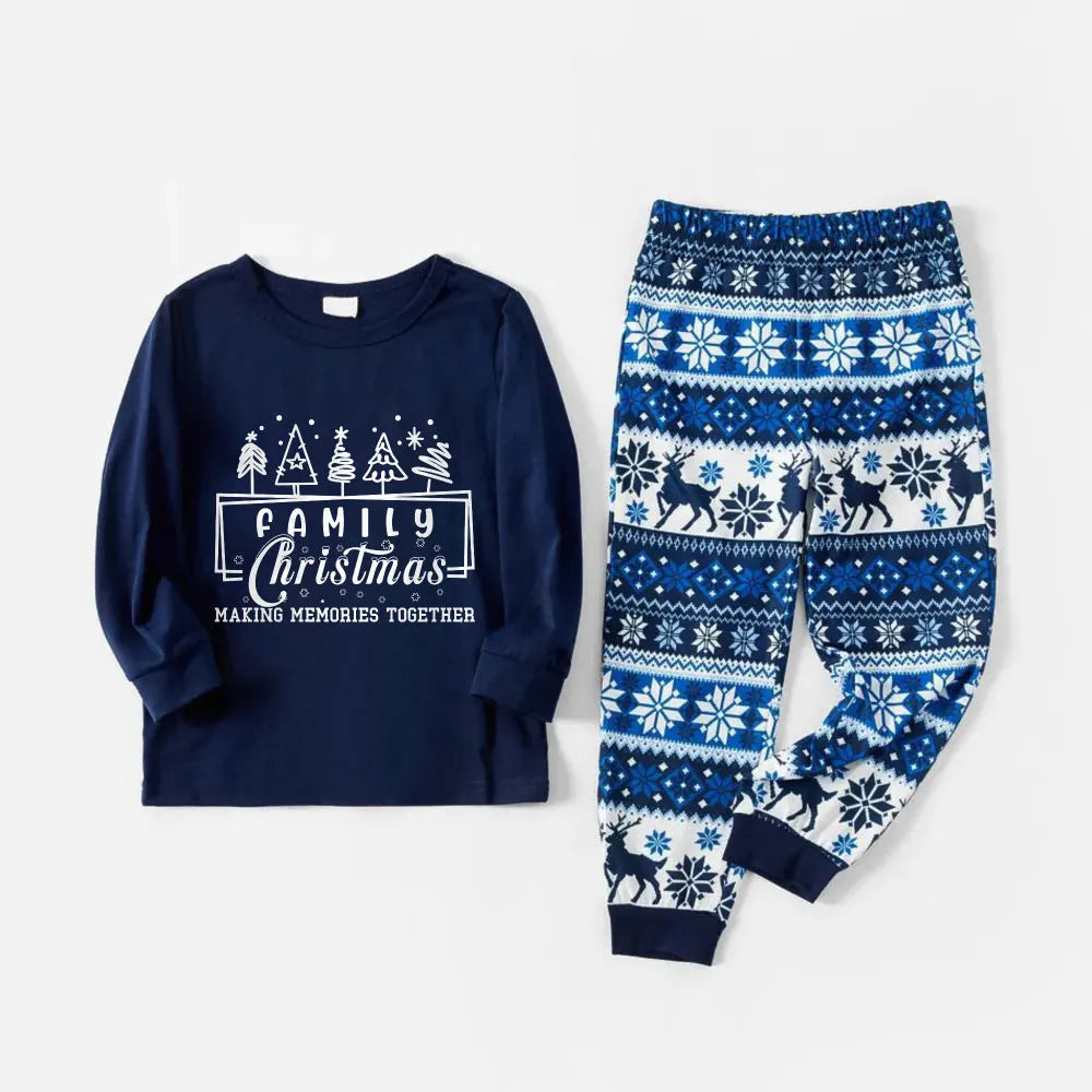 Joyful Blue Christmas Pajamas Set with Tree and Holiday Text Design