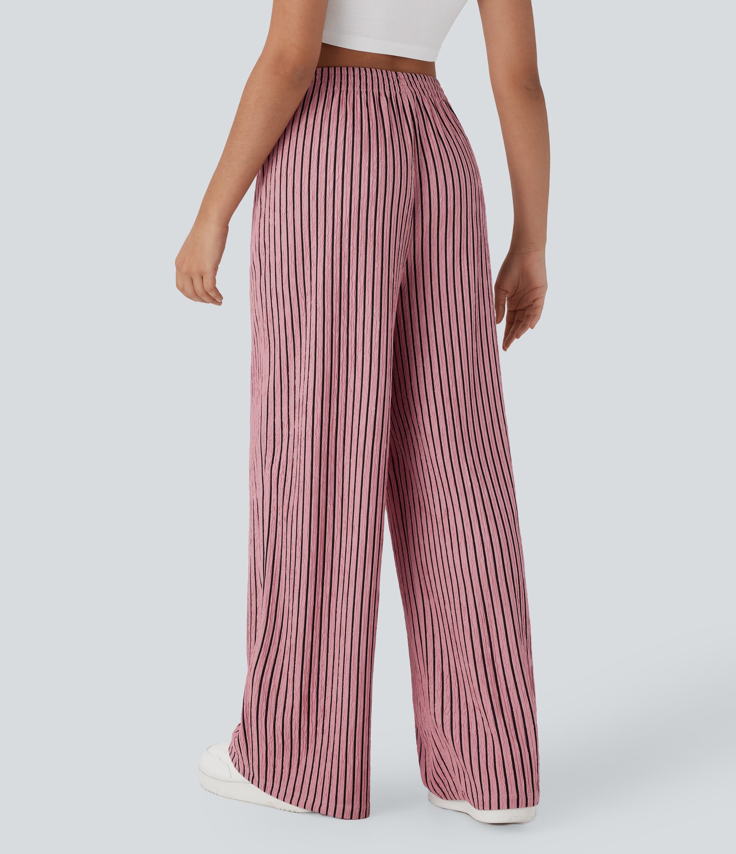 High Waisted Straight Leg Crinkle Casual Pants with Pockets
