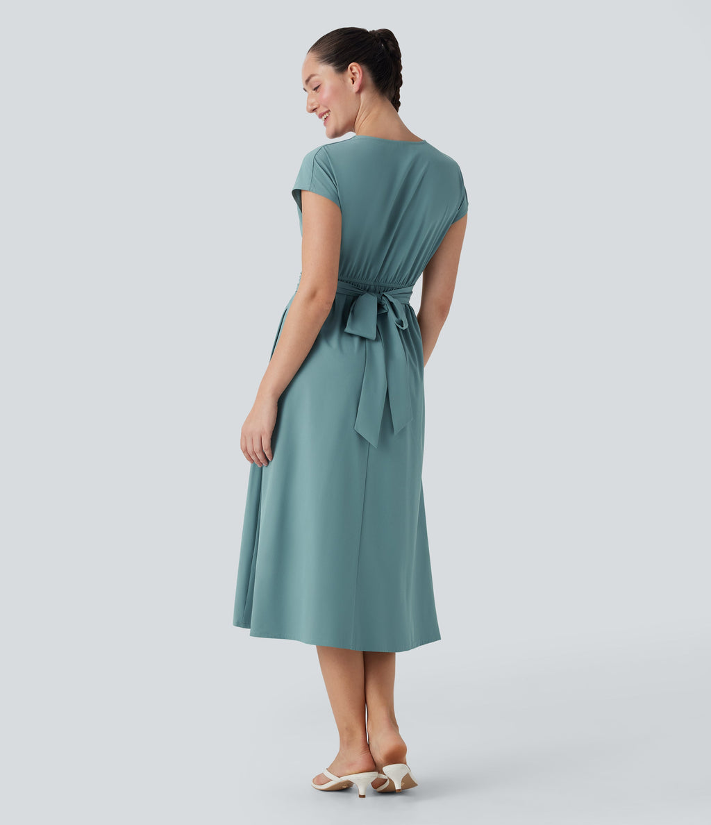 BreezefulTM V Neck Short Sleeve Pocket Tie Back Quick Dry Midi Casual Dress