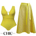 Yellow Petal Hollow One-Piece Swimsuit&Skirt