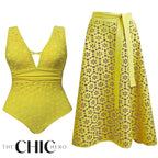 Yellow Petal Hollow One-Piece Swimsuit&Skirt