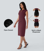 V-neck Zipper Bodycon Midi Work Built-in Mesh Shapewear Dress