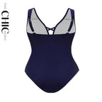 Navy Blue Petal Print Hollow One-Piece V Neck Swimsuit&Skirt