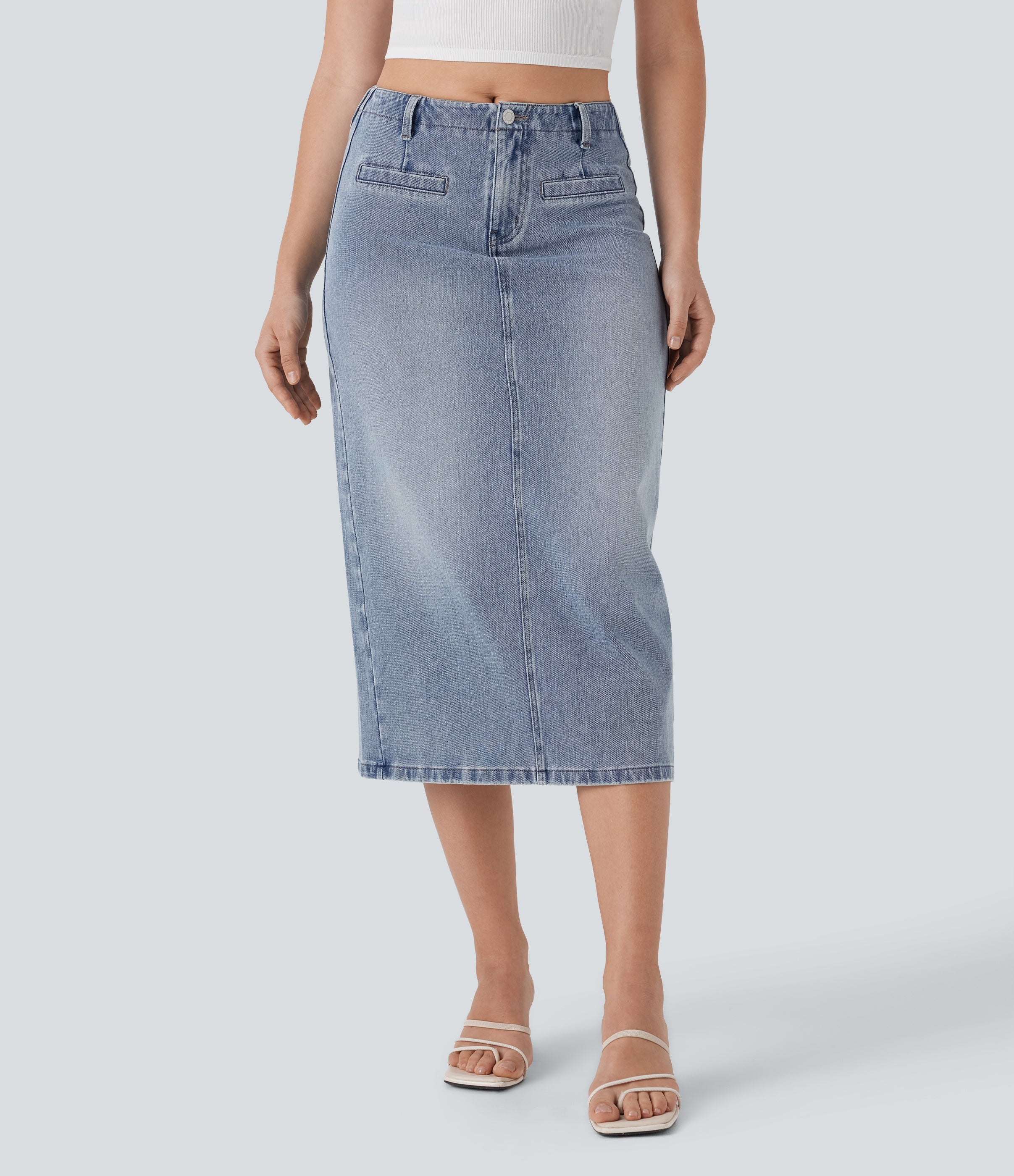 FlexTM Mid Rise Back Midi Washed Denim Casual Straight Skirt with Pockets