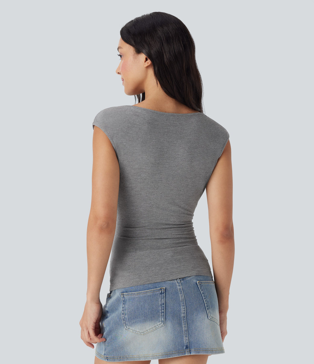 Boat Neck Cap Sleeve Ruched Casual Top