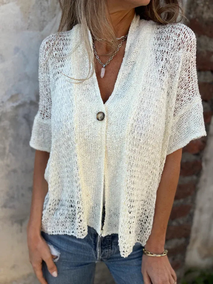 Hollow V-neck single button loose short sleeves