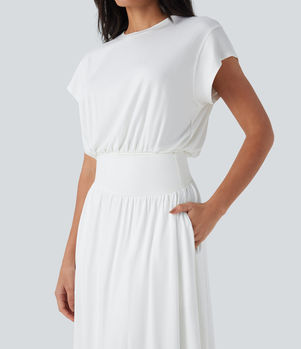 SoCinched Tummy Control Batwing Sleeve Flowy Midi Work Dress with Pockets