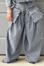 Denim Zip Long Sleeve Crop Jacket Pockets Wide Leg Pants Matching Set-Gray