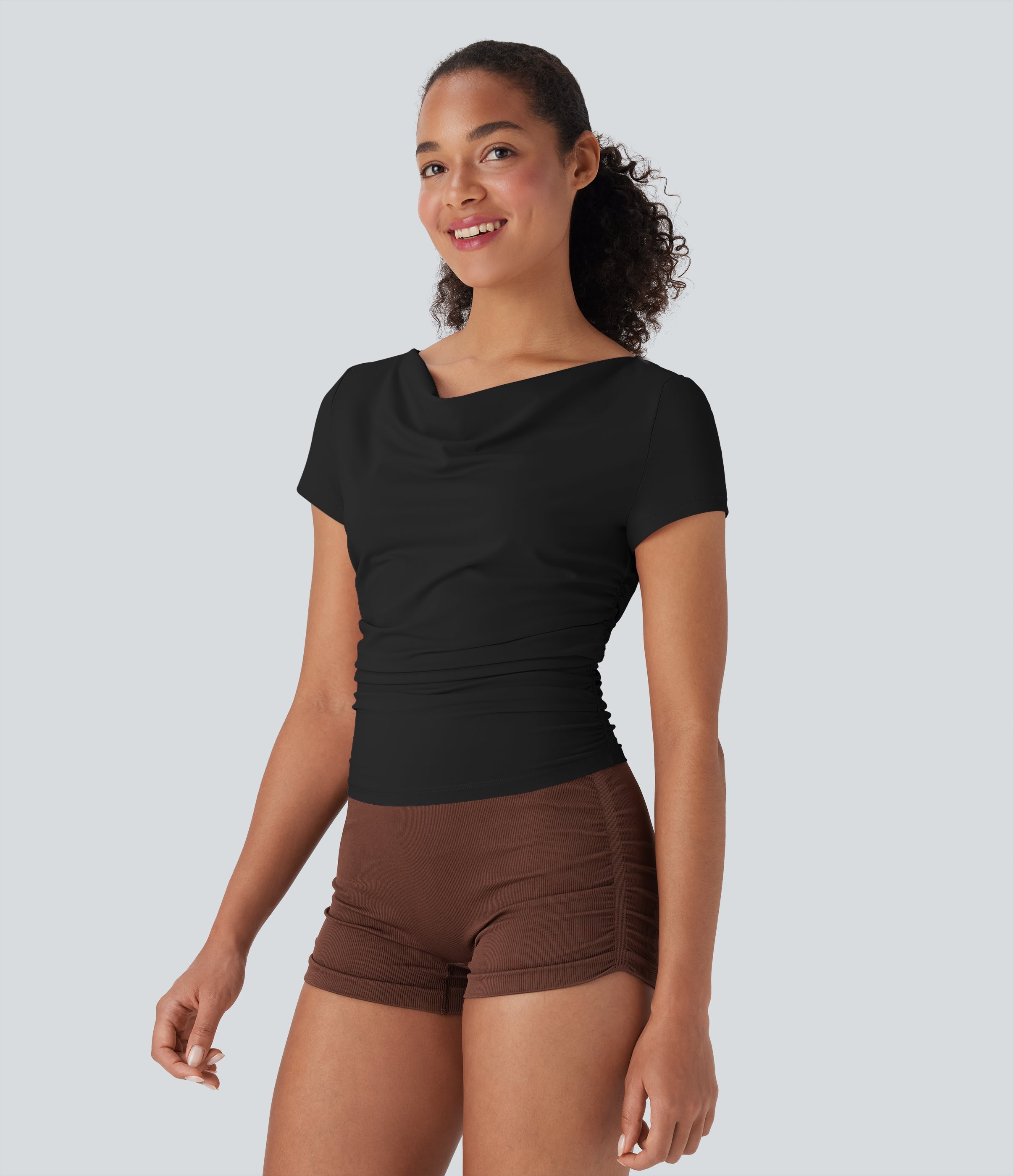 Cowl Neck Short Sleeve Ruched Yoga Top