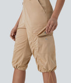 Mid-Rise Ruched Cargo Quick-Dry Casual Pedal Pusher Pants with Pockets