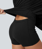 BreezefulTM Pleated Adjustable Buckle 2-in-1 Micro Mini Quick Dry Casual Slip Dress with Pocket-Easy Peezy