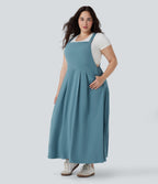 BreezefulTM Flowy Quick Dry Midi Casual Plus Size Pinafore Dress with Pockets