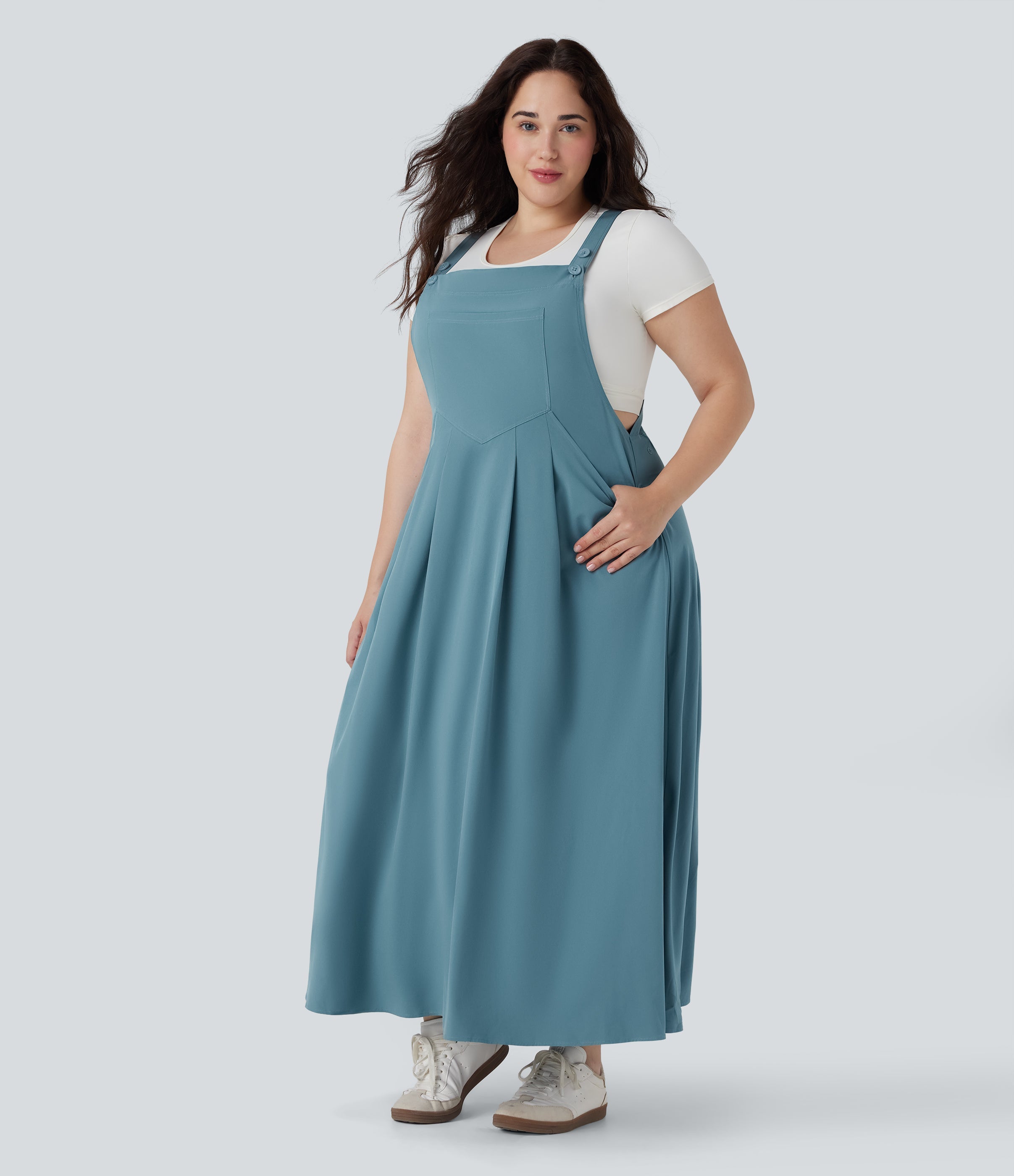 BreezefulTM Flowy Quick Dry Midi Casual Plus Size Pinafore Dress with Pockets