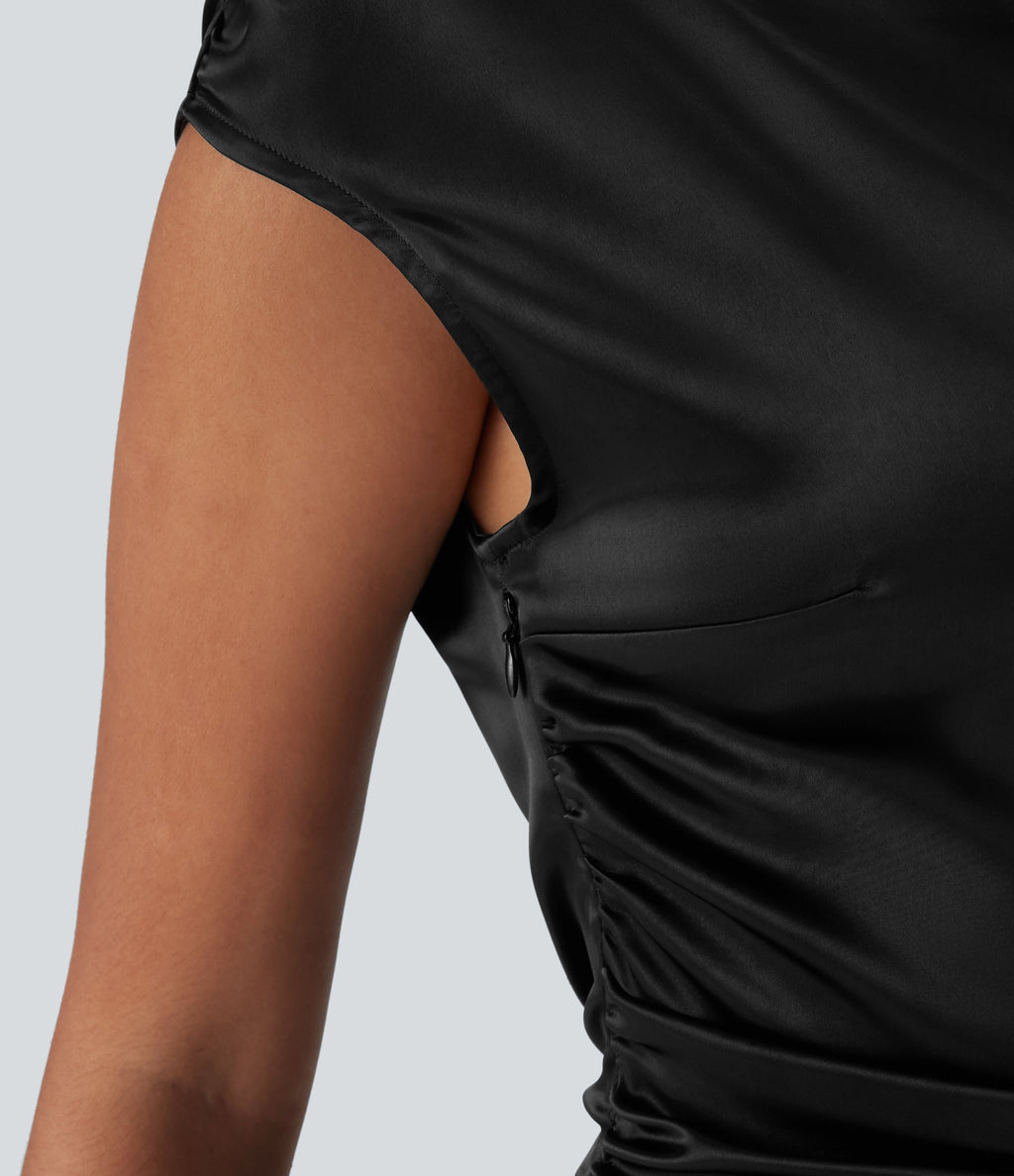 Boat Neck Cap Sleeve Ruched Satin Dress