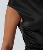 Boat Neck Cap Sleeve Ruched Satin Dress