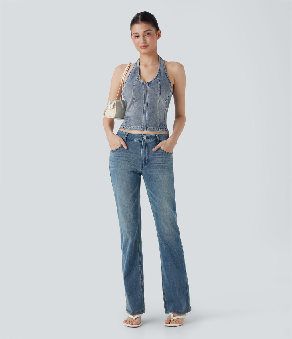FlexTM Halter Zipper Washed Denim Casual Tank Top