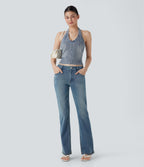 FlexTM Halter Zipper Washed Denim Casual Tank Top