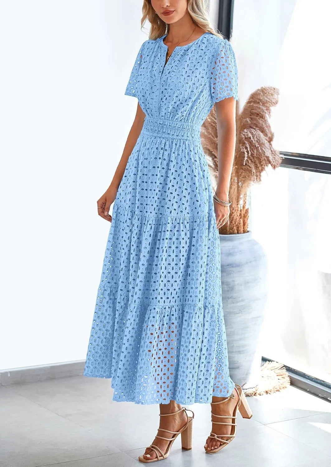 NEW 🔥Womens 2025 Summer Maxi Dress Short Sleeve V Neck Hollow Out Eyelet A Line Dresses
