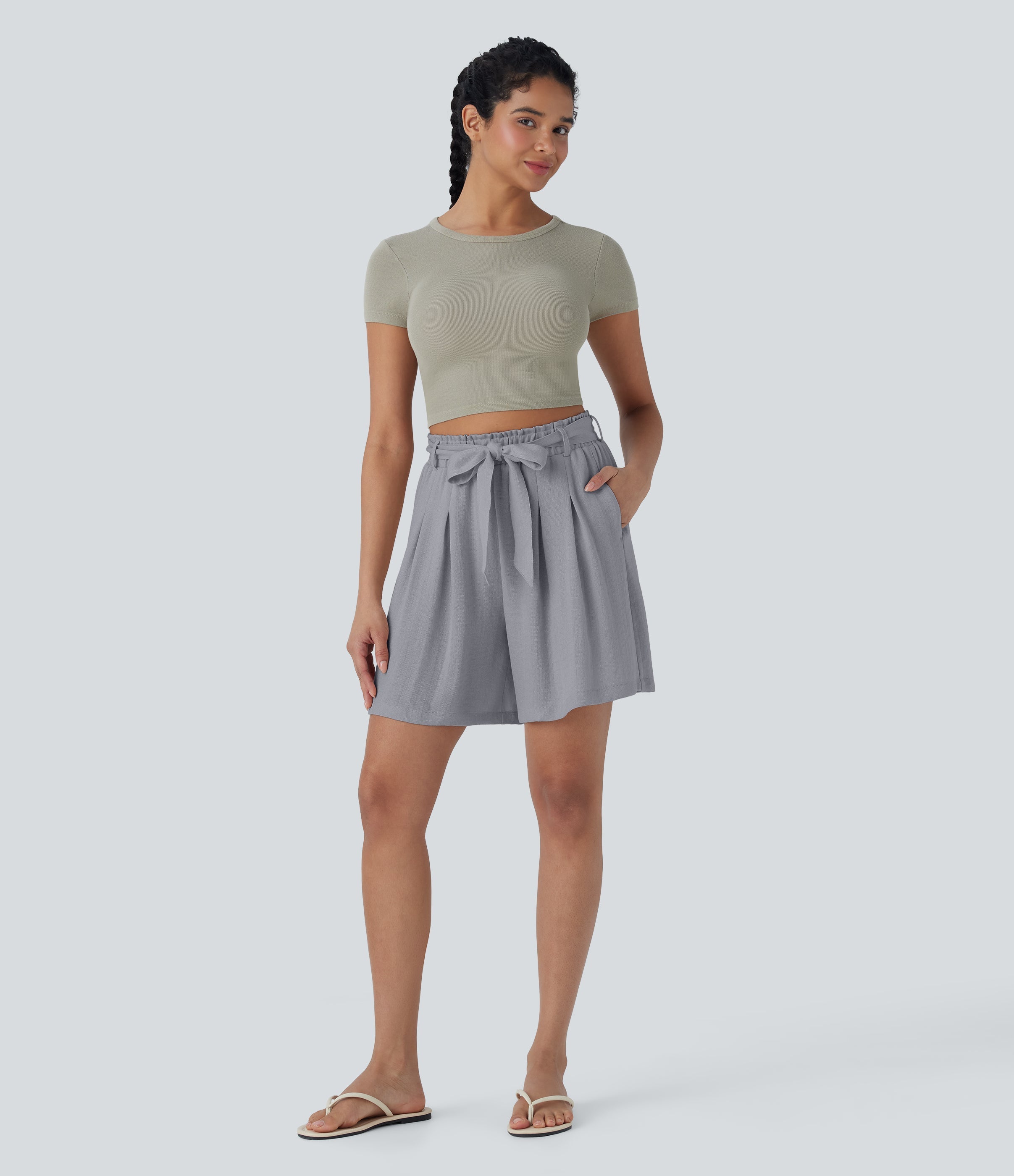 High Waisted Belted Casual Linen-Feel Bermuda Shorts with Pockets
