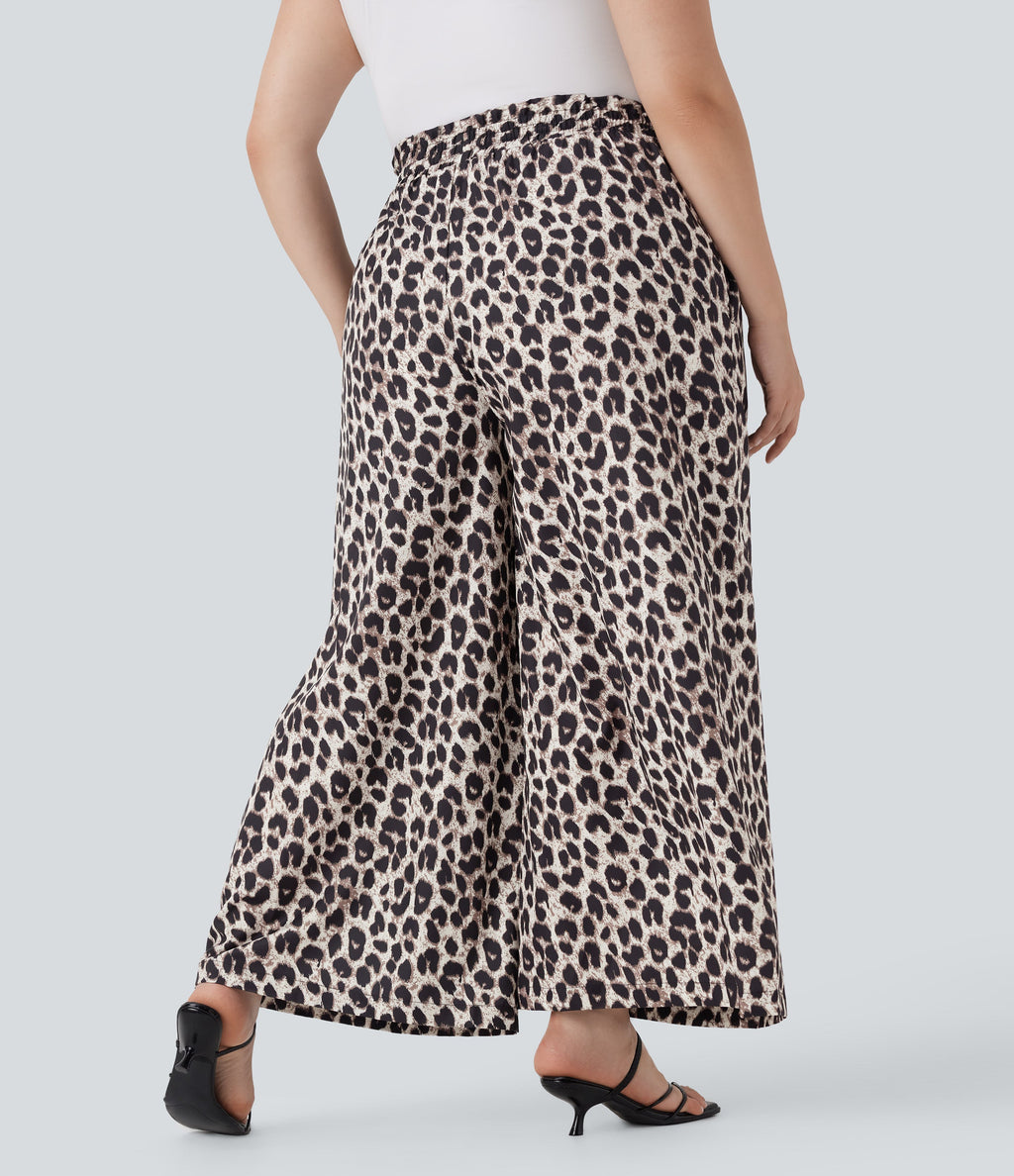 Plus Size High Waisted Drawstring Leopard Print Wide Leg Casual Pants with Pockets