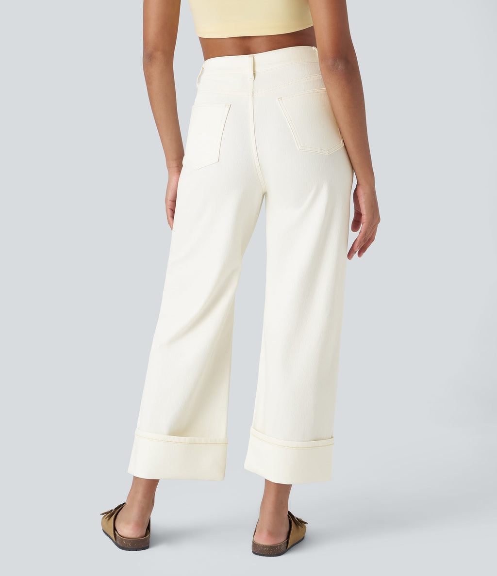 FlexTM High Waisted Multiple Pockets Rolled Hem Wide Leg Washed Stretchy Knit Casual Jeans