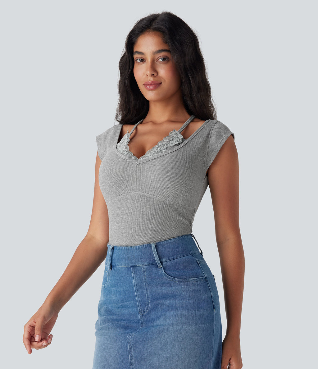 High Stretch Ribbed Knit Lace Halter Cap Sleeve Top