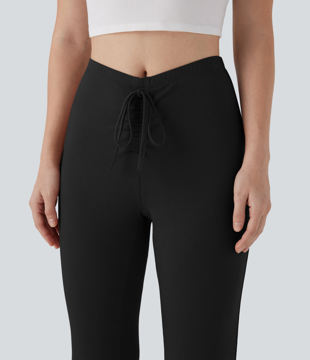 V Shaped Mid Rise Drawstring Flowy Casual Flare Pants