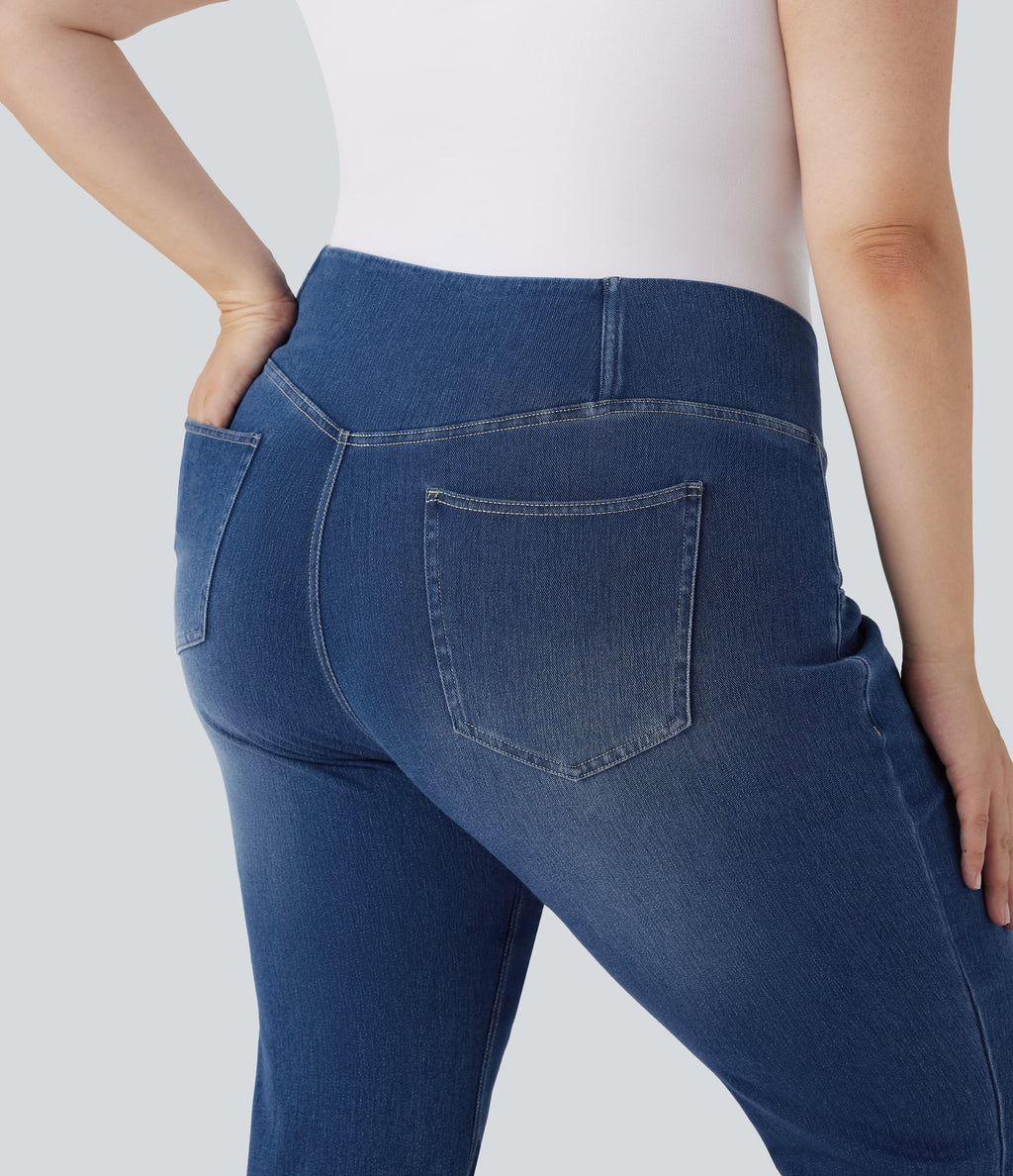 Plus Size FlexTM High Waisted Crossover Washed Casual Flare Jeans with Pockets