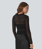 Sheer Mesh Crossover V Neck Ruched Casual Top