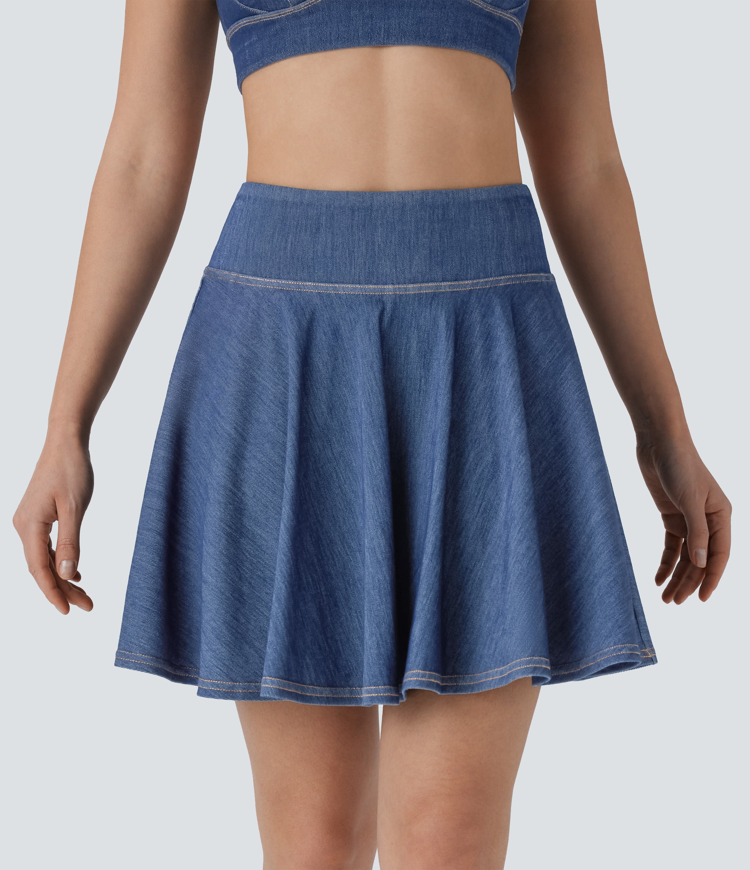 FlexTM High Waisted 2-in-1 Cool Touch Washed Stretchy Knit Denim Mini Tennis Skirt with Pockets