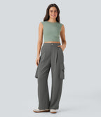 High Waisted Adjustable Drawstring Hem Linen-Feel Casual Cargo Pants with Pockets