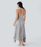 Ruched Asymmetric Hem Flowy Maxi Casual Dress