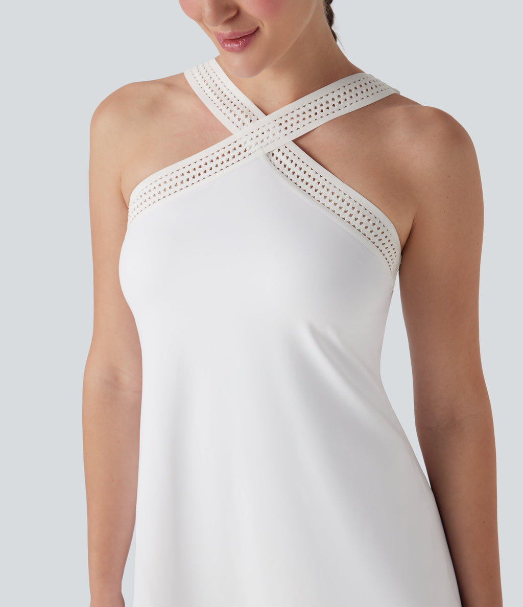 SoftlyzeroTM Airy Halter Cut Out Backless 2-in-1 Cool Touch Mini Yoga Active Dress with Side Pockets-Easy Peezy Edition-UPF50+