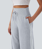 2026🔥 Ribbed SoCinched High Waisted Tummy Control Drawstring Wide Leg Color Block Casual Trousers with Pockets