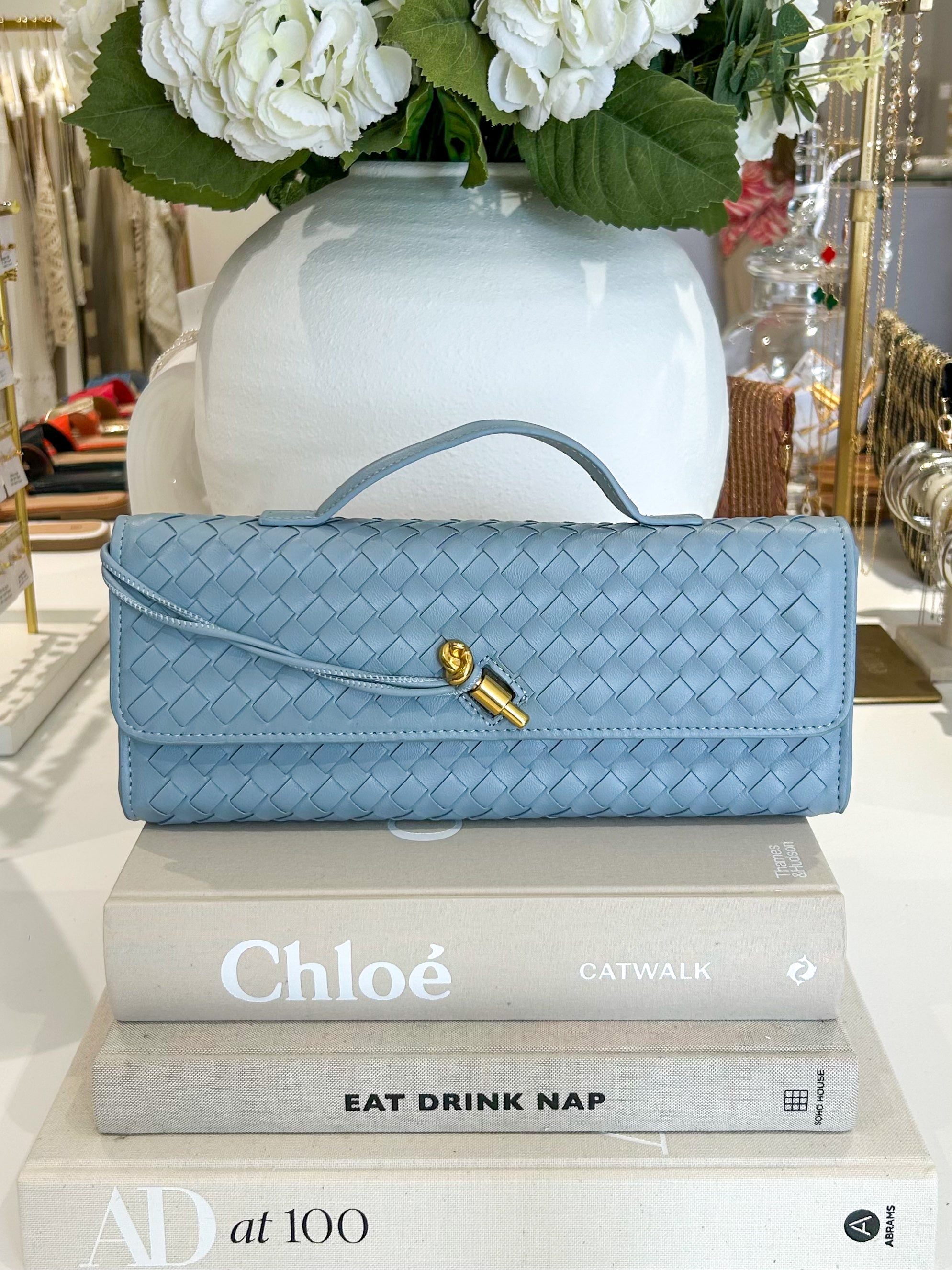 Woven Rectangle Envelope Gold Rod Fasten Clutch Bag (15 Colours)