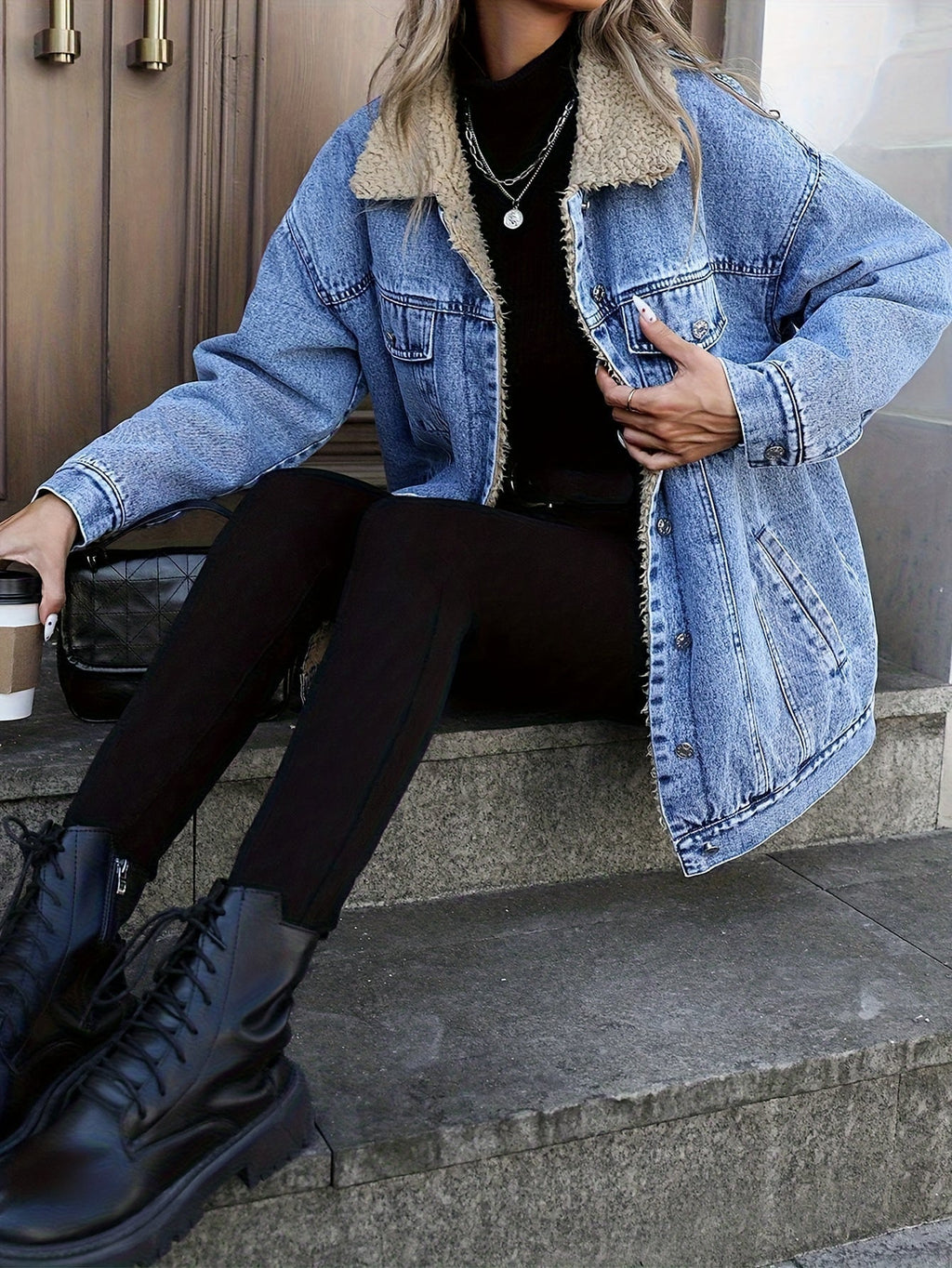 Women's Fall Winter Casual Fashion Jacket, Elegant Solid Color Stand Collar Thickened Warm Denim Coat, Versatile Outerwear for Women