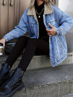 Women's Fall Winter Casual Fashion Jacket, Elegant Solid Color Stand Collar Thickened Warm Denim Coat, Versatile Outerwear for Women