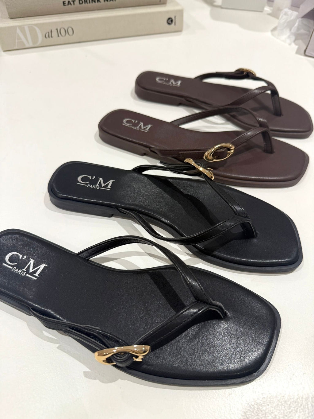 Toe Thong Flat Gold Buckle Sandals (2 Colours)